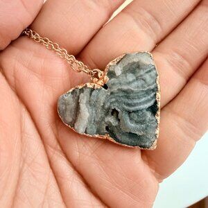 Druzy Agate Heart Necklace, Natural Stone Pendant Necklace, Grey Crystal